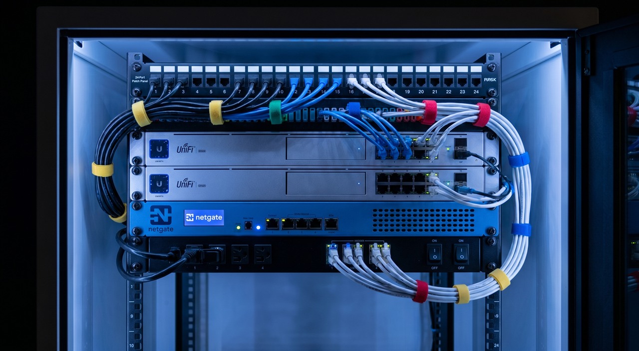 Rack profissional de rede residencial com firewall, switch gerenciado e segmentação de redes para segurança digital