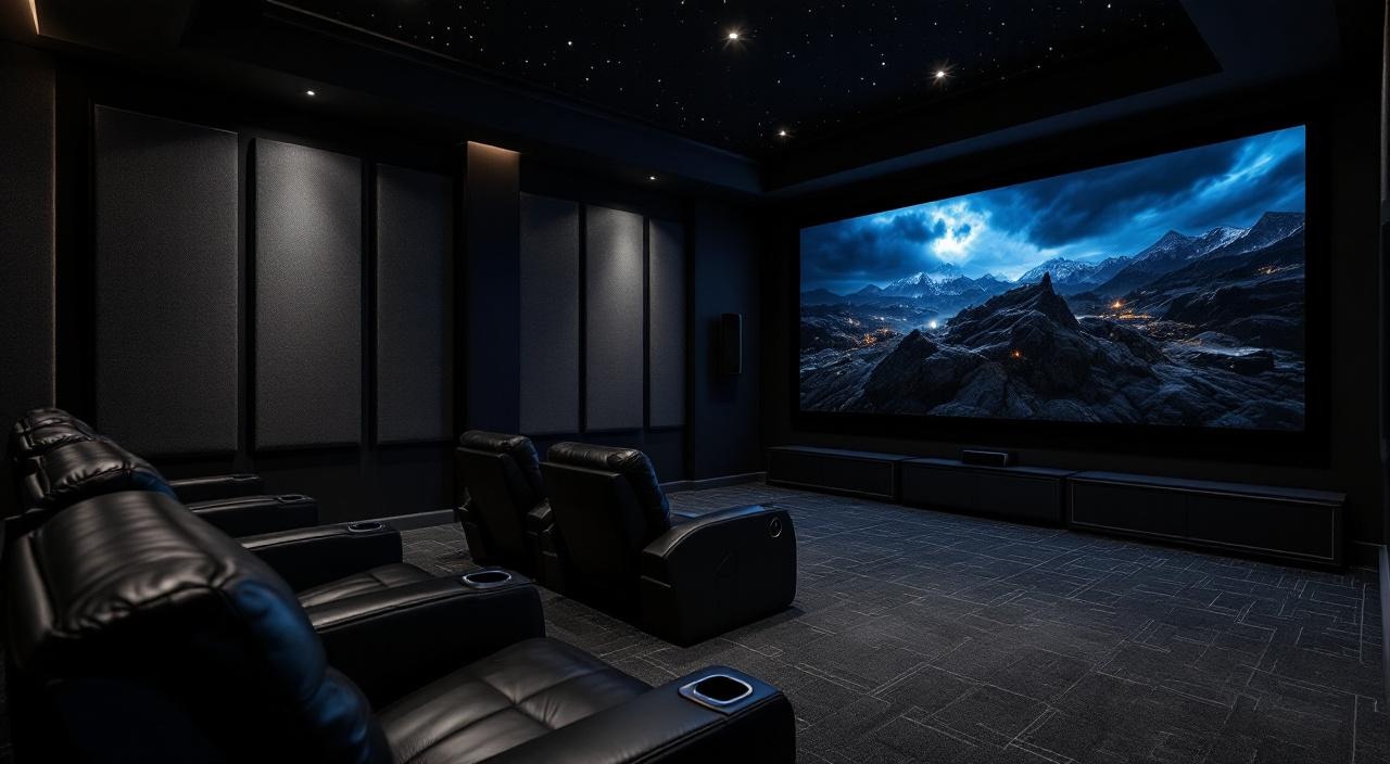 Sala de home theater com configuração Dolby Atmos 7.1.4 com alto-falantes de teto e laterais