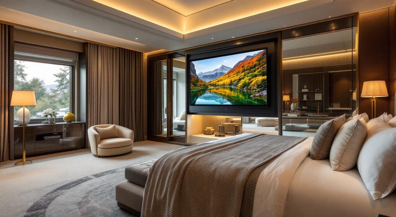 TV emergindo motorizada do pé da cama em suíte de alto padrão com automação integrada