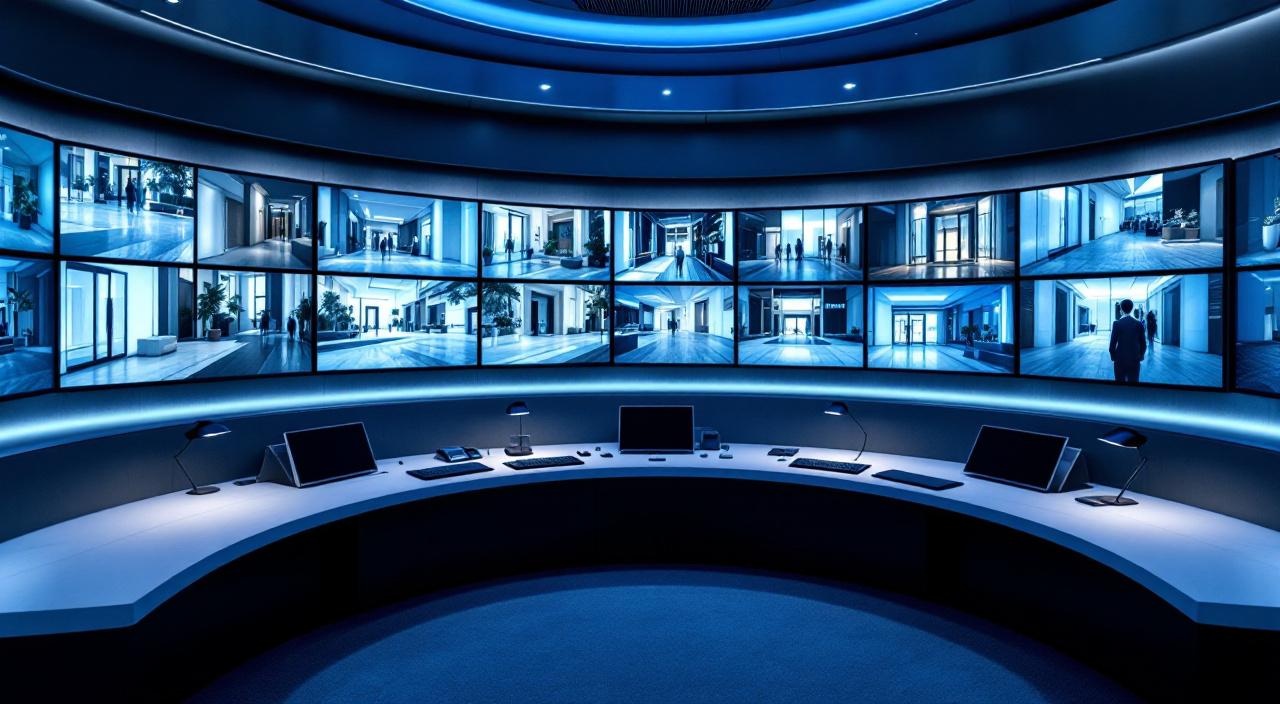 Central de portaria remota com múltiplas telas de monitoramento e interface de controle de acesso condominial