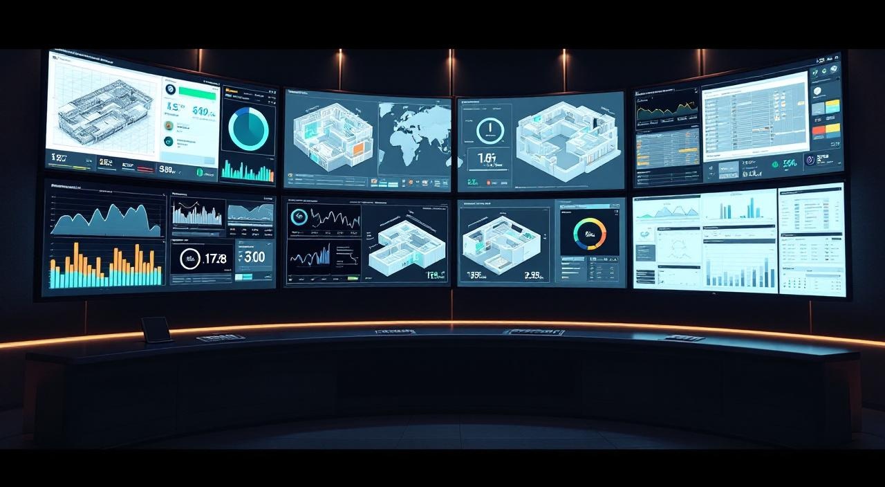 Central de monitoramento BMS com dashboards de controle predial em múltiplas telas