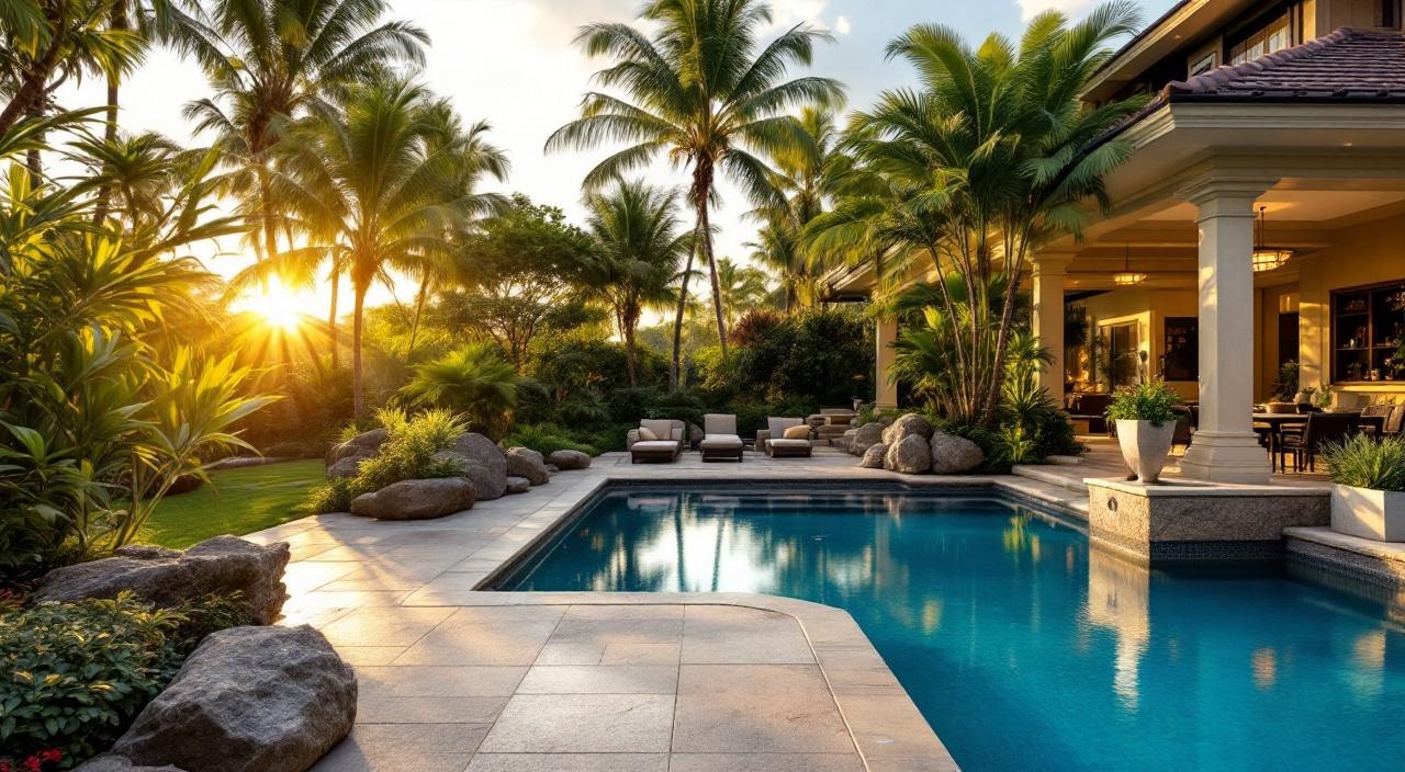 Área de lazer com piscina e jardim com sistema de sonorização outdoor integrado à paisagem