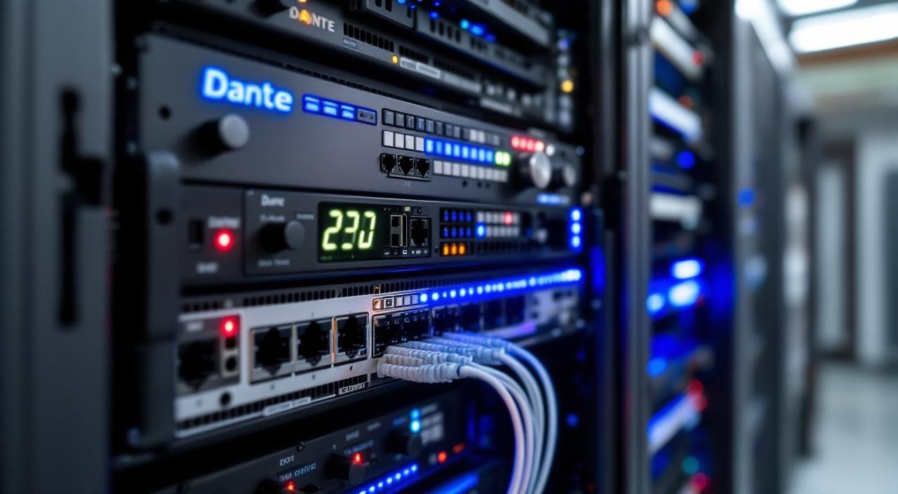 Rack de processamento de áudio em rede com interface Dante para sonorização distribuída por IP