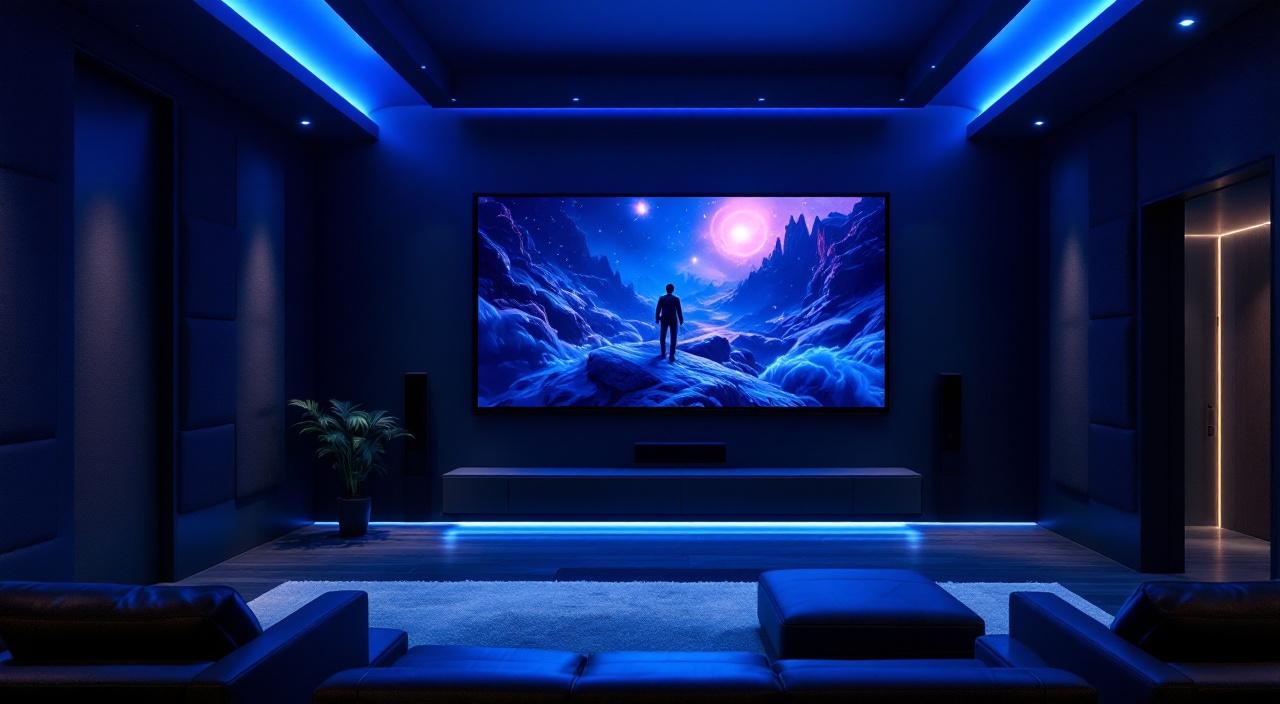 Sala de home theater com painel LED de grande formato integrado à automação residencial